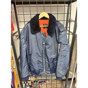 Vintage 1970s Schott Blue Military Flight Jacket W/ Faux Fur Collar Size Large